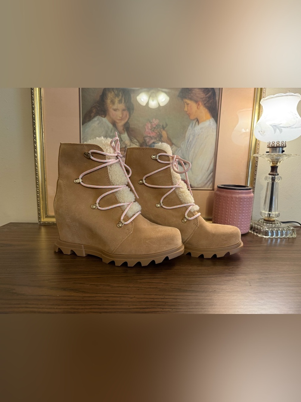 Sorel Joan of Arctic III Suede Wedge Boots Tawny Buff Tan with Gum Pink Laces